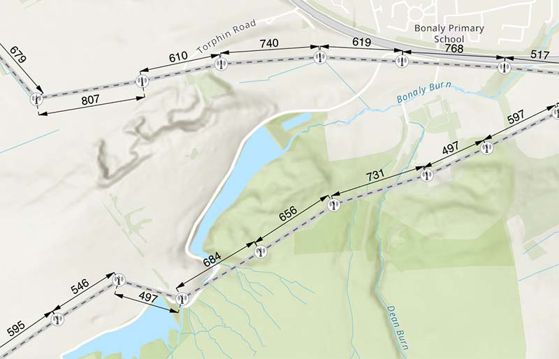 Dimensions showing distances between pylons Dimensions showing distances between pylons
