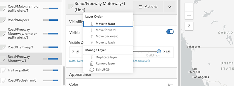 The duplicate and move options in the Vector Tile Style Editor