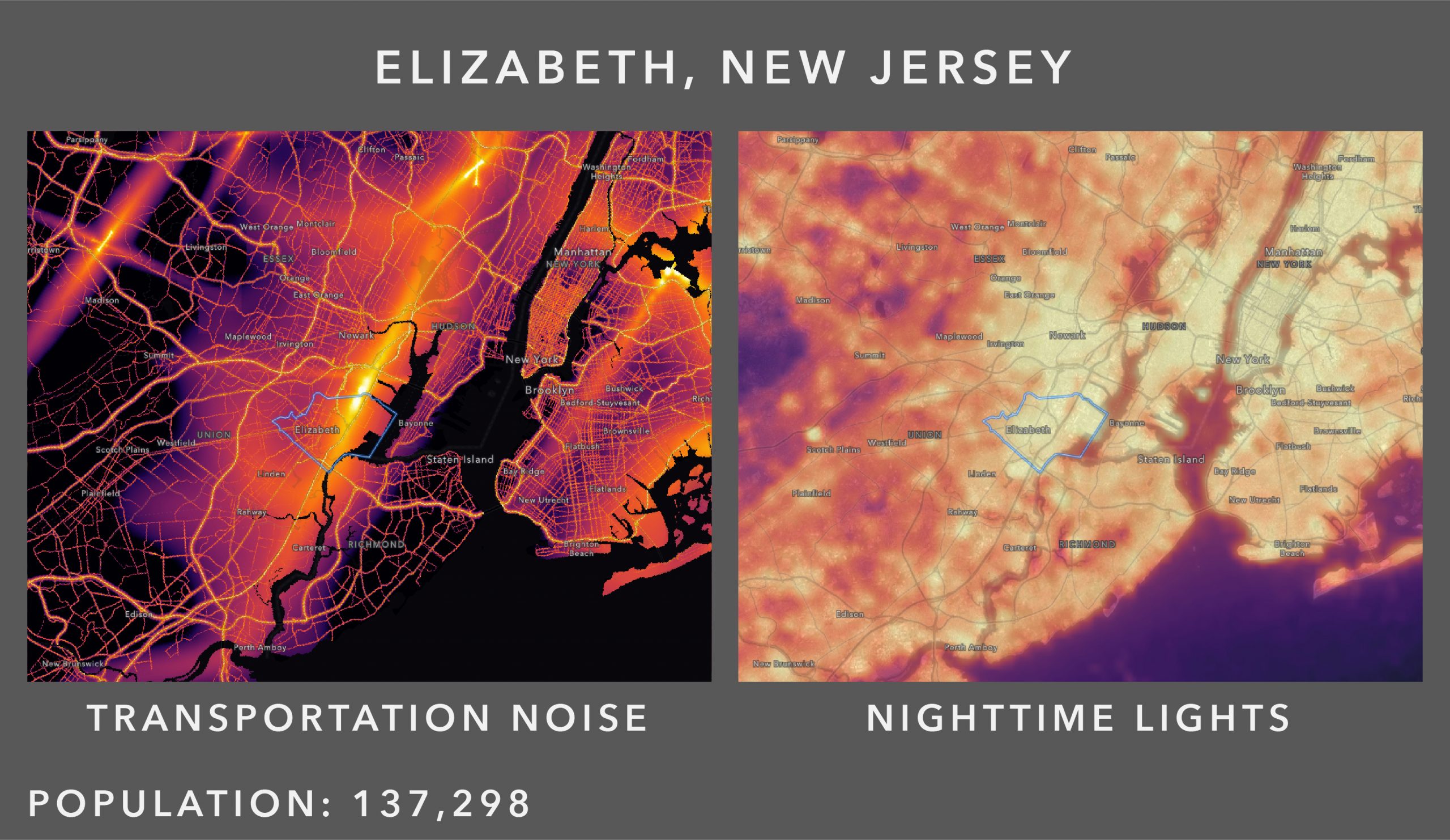 Noise and nighttime lights patters for Elizabeth, New Jersey.