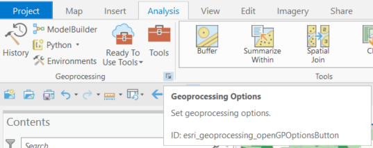 Dialog box launcher for geoprocessing options in ArcGIS Pro.