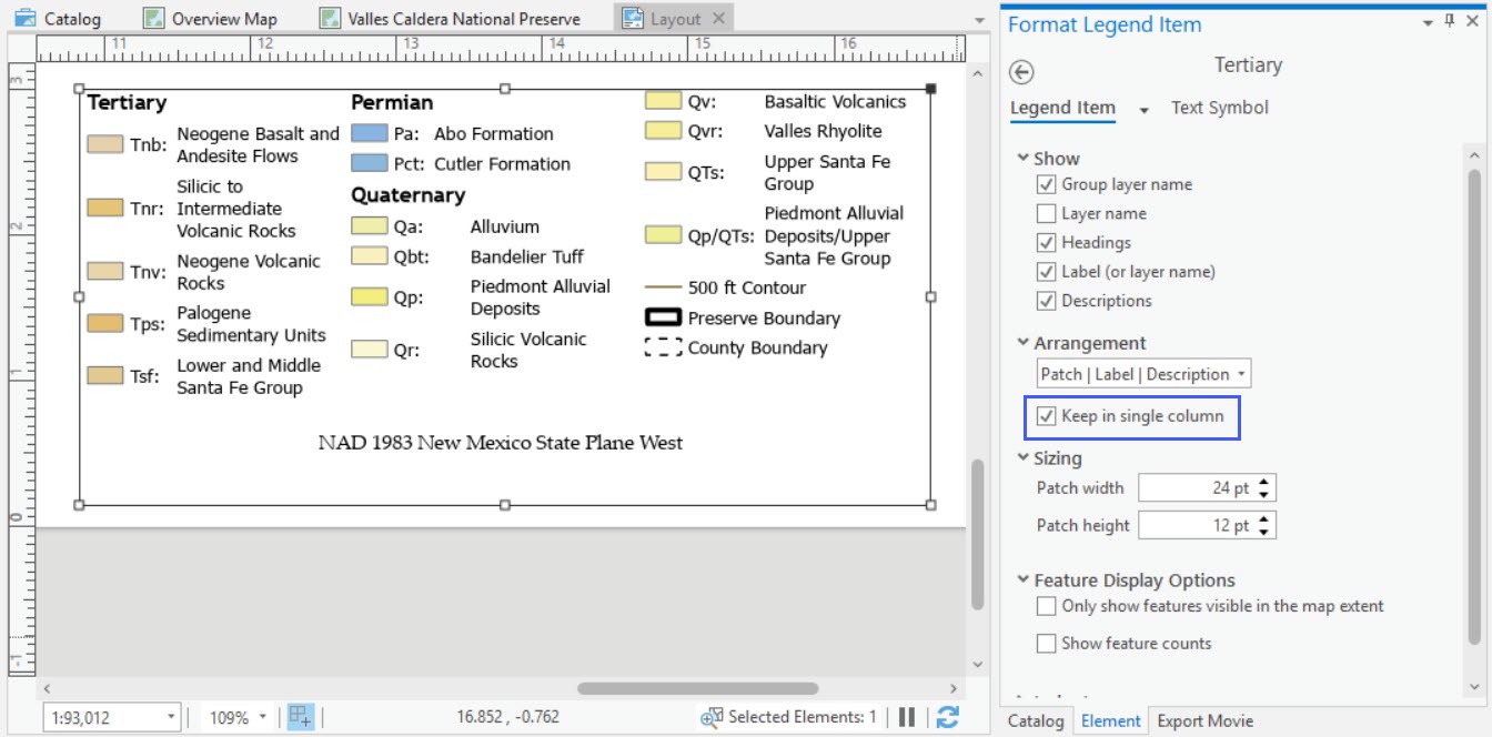 A geology legend with the Tertiary legend item selected. The element pane shows the Keep item in single column checkbox checked.