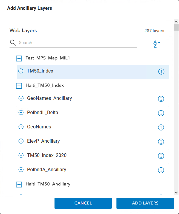 list of ancillary layers available to add in the MPS app