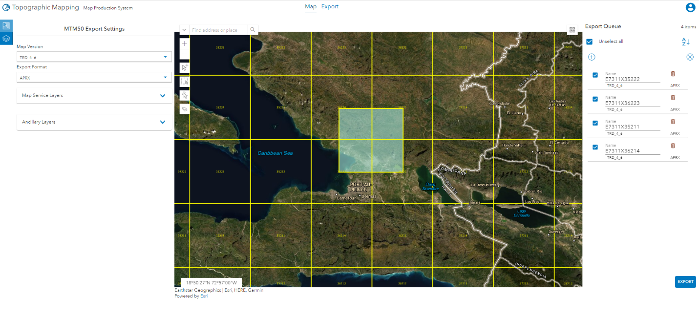 Green square selection on the corners of four squares that are part of a yellow grid on a satellite image