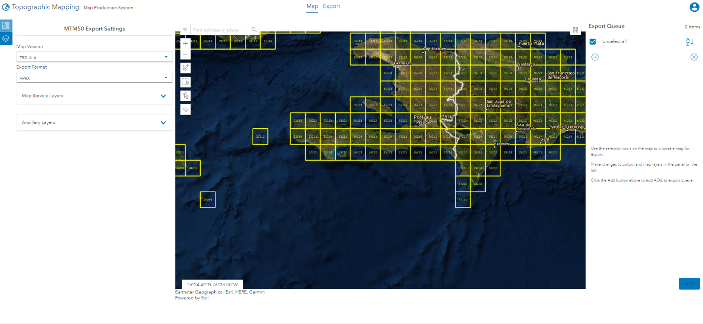 Software user interface with a yellow grid on land in a satellite imagery map