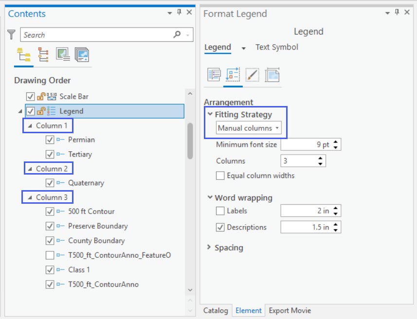 ArcGIS Pro Contents Pane showing a legend with 3 columns. The Element pane showing the fitting strategy for the legend set to manual columns.
