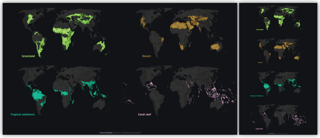 A set of brightly colored maps showing deserts, grasslands, coral reefs, and other habitat types A set of brightly colored maps showing deserts, grasslands, coral reefs, and other habitat types