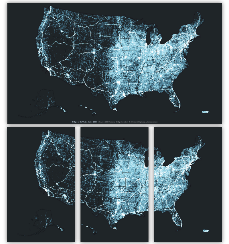 A glowing blue map shows the distribution of bridges across the United States; it largely mirrors a population distribution map