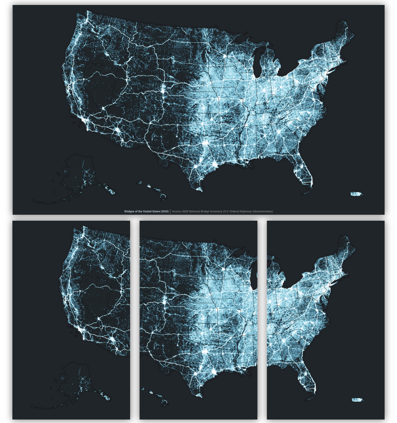 A glowing blue map shows the distribution of bridges across the United States; it largely mirrors a population distribution map A glowing blue map shows the distribution of bridges across the United States; it largely mirrors a population distribution map