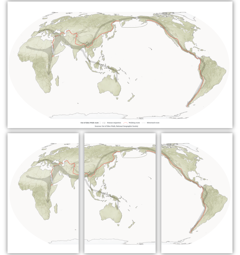A map has a red line starting along Africa's east coast and working it's way across a southern swathe of Asia before heading north, where it eventually crosses over into Alaska, down the Pacific coast to the tip of South America A map has a red line starting along Africa's east coast and working it's way across a southern swathe of Asia before heading north, where it eventually crosses over into Alaska, down the Pacific coast to the tip of South America
