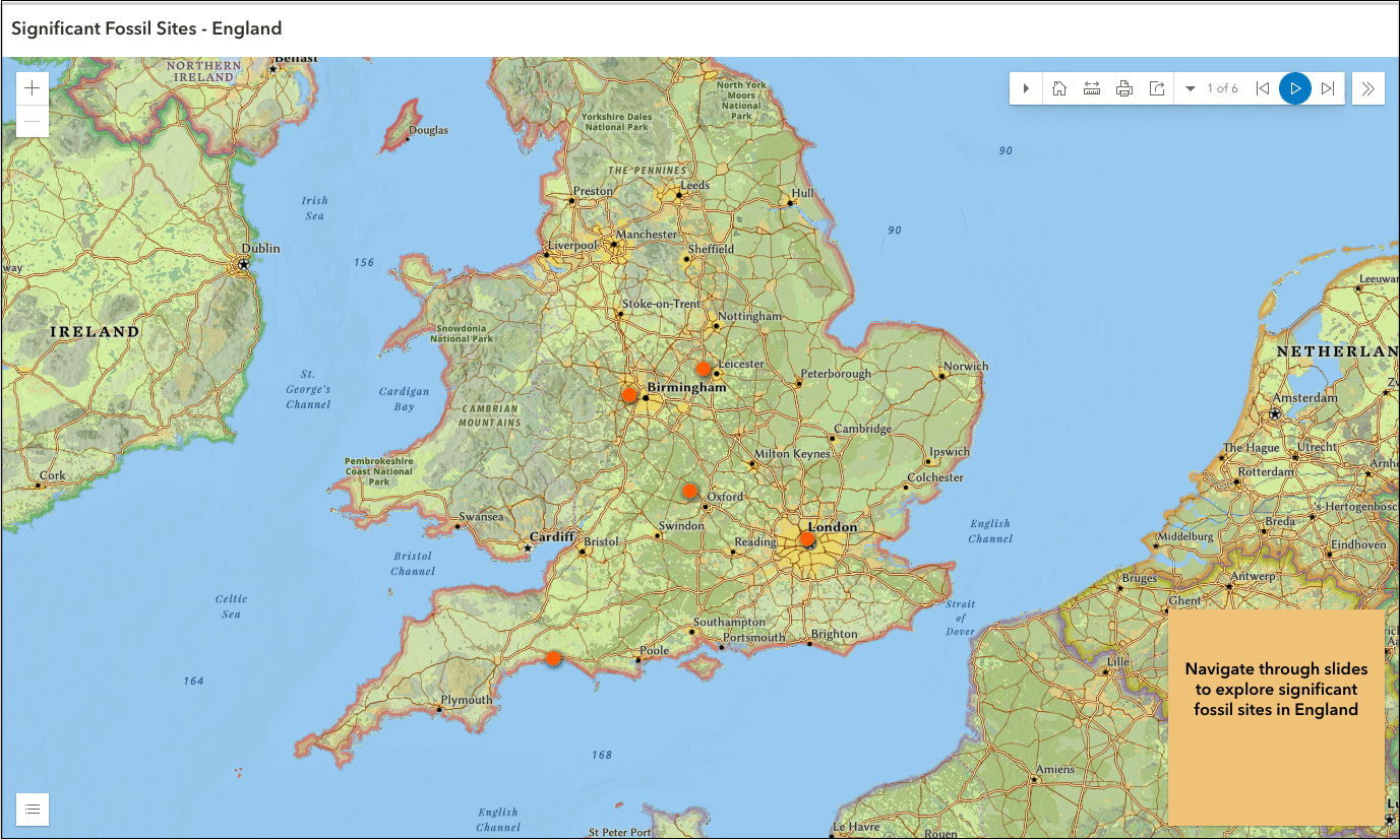 Exhibit app displaying significant fossil sites in England
