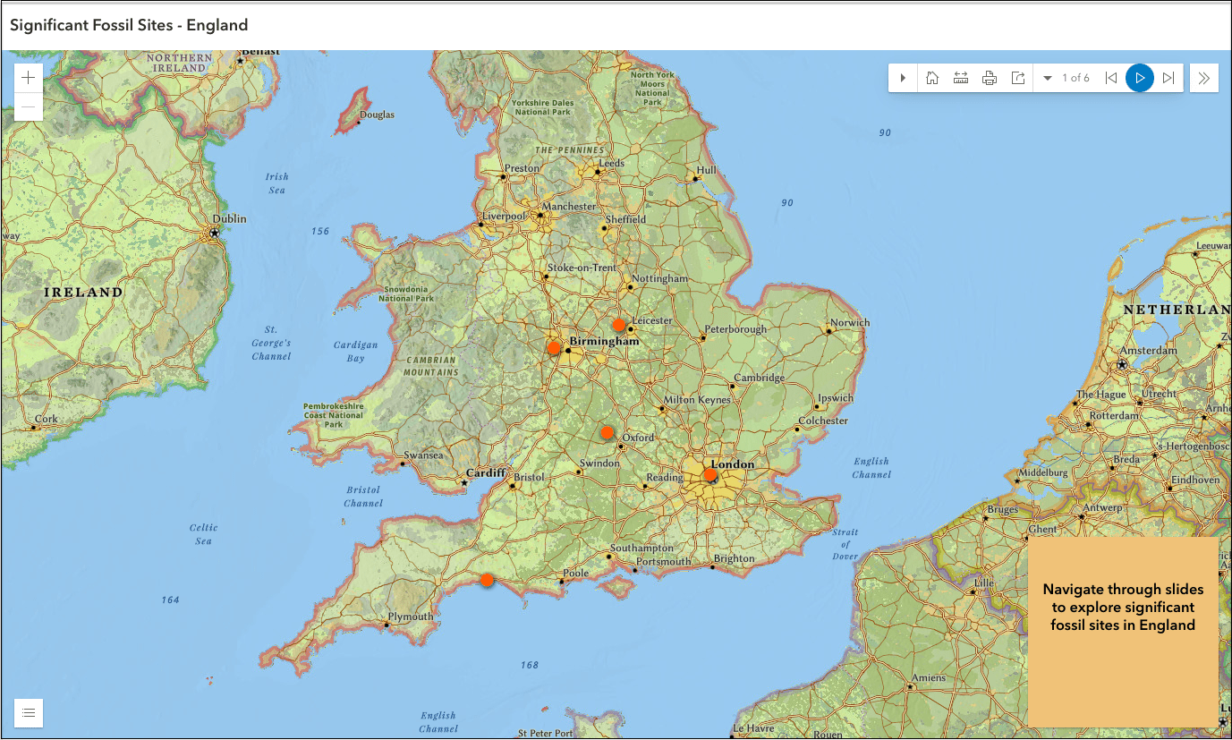 Exhibit app displaying significant fossil sites in England Exhibit app displaying significant fossil sites in England