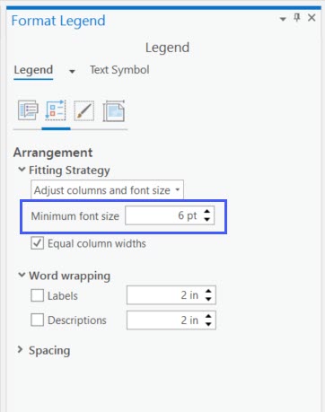 The arrangement tab on the Element pane for a legend. The adjust columns and font size fitting strategy is selected and the minimum font size box is highlighted.