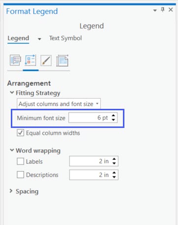 The arrangement tab on the Element pane for a legend. The adjust columns and font size fitting strategy is selected and the minimum font size box is highlighted. The arrangement tab on the Element pane for a legend. The adjust columns and font size fitting strategy is selected and the minimum font size box is highlighted.