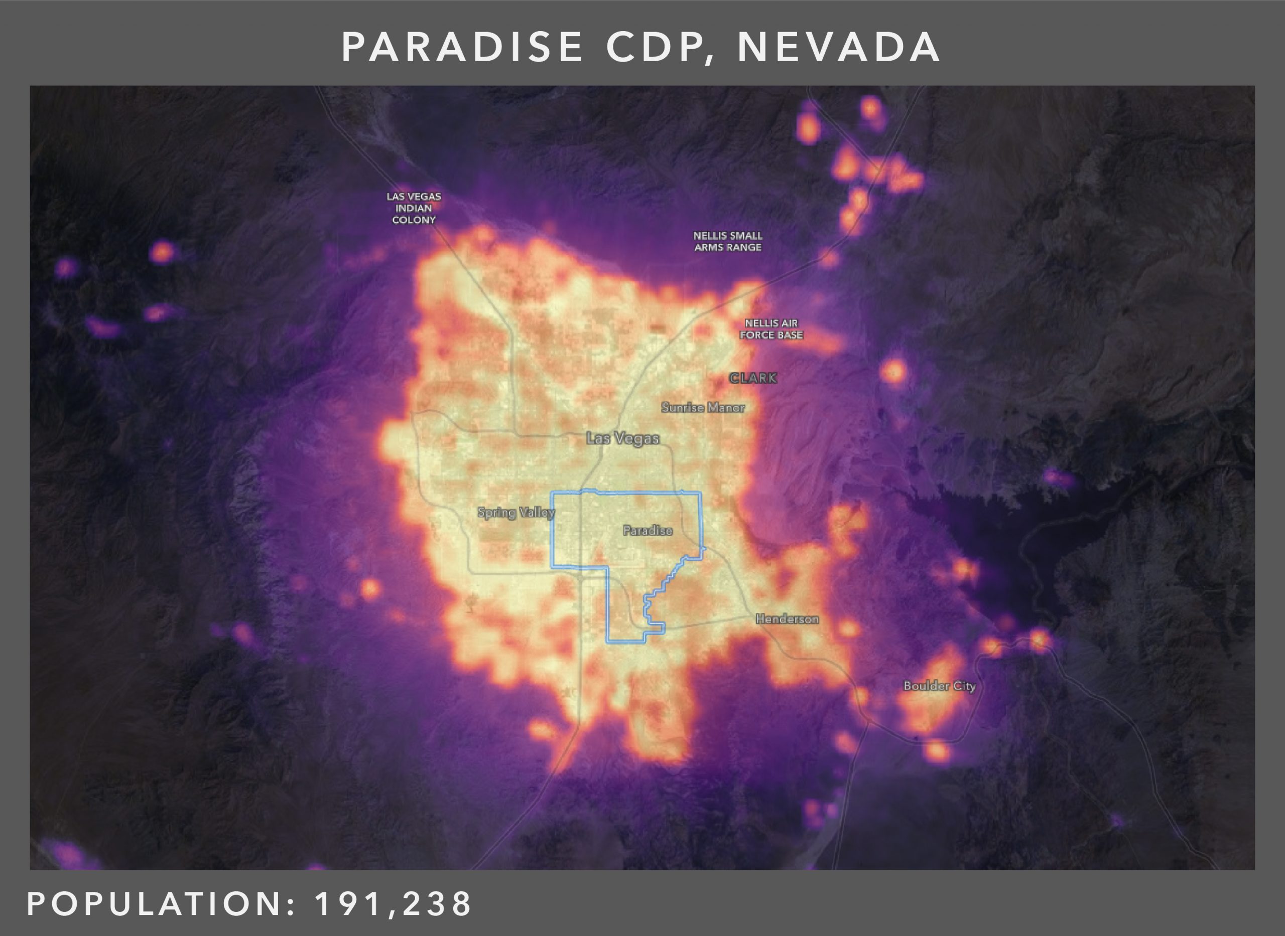 Nighttime light patterns for Paradise CDP, Nevada.