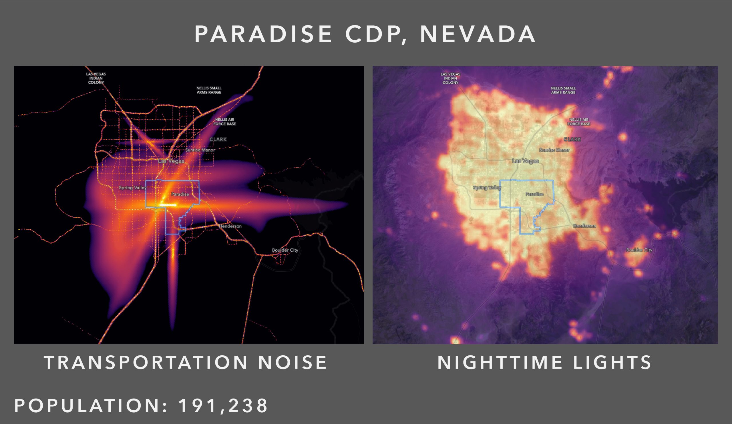 Comparing the nighttime lights and noise patterns of Paradise CDP, Nevada.