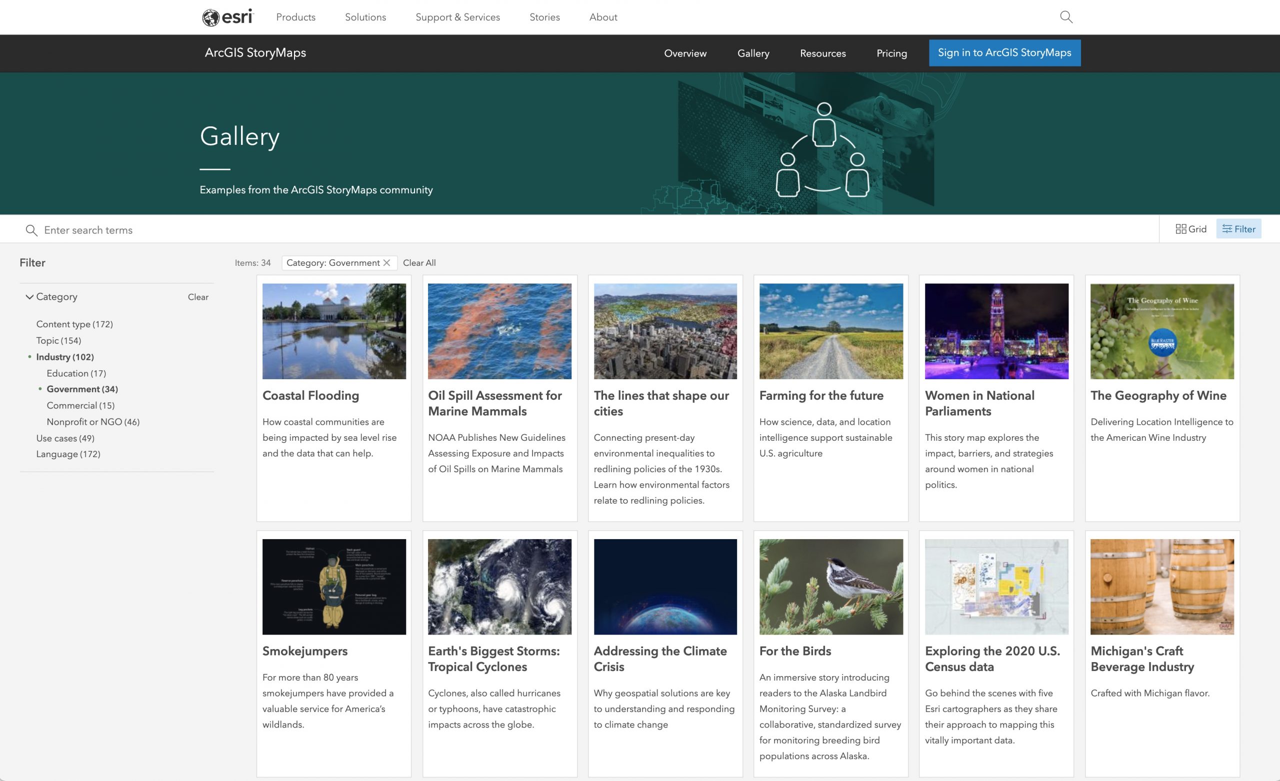 The StoryMaps gallery showing stories from government organizations