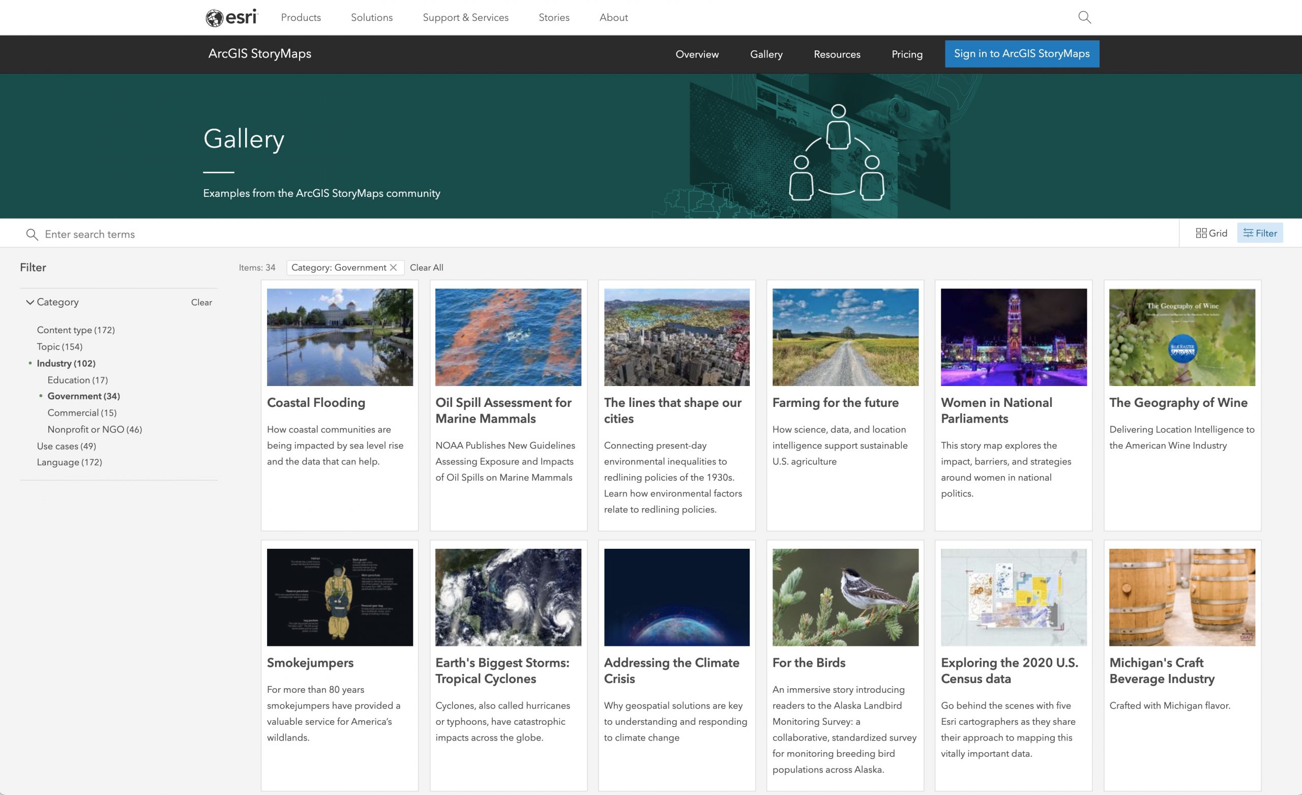The StoryMaps gallery showing stories from government organizations The StoryMaps gallery showing stories from government organizations