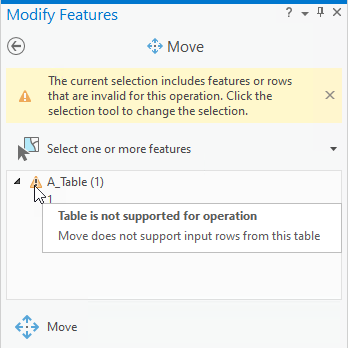 Screenshot of the Modify Features pane showing a new warning banner when invalid features are selected