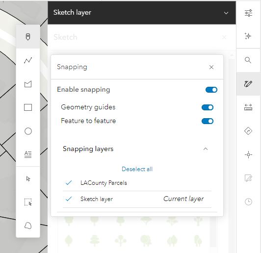 Image displaying the snapping options for sketch in Map Viewer Image displaying the snapping options for sketch in Map Viewer