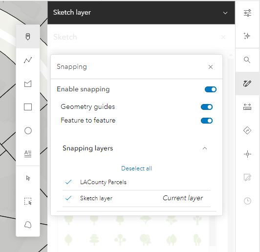 Image displaying the snapping options for sketch in Map Viewer
