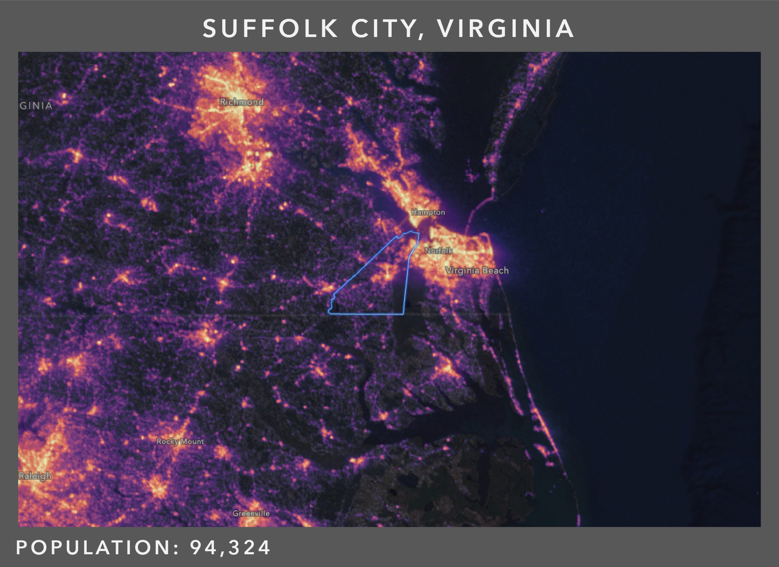 Nighttime light patterns for Suffolk City, Virginia