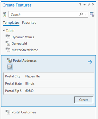 Screenshot of the create features window with a table template activated