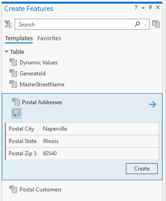 Screenshot of the create features window with a table template activated Screenshot of the create features window with a table template activated