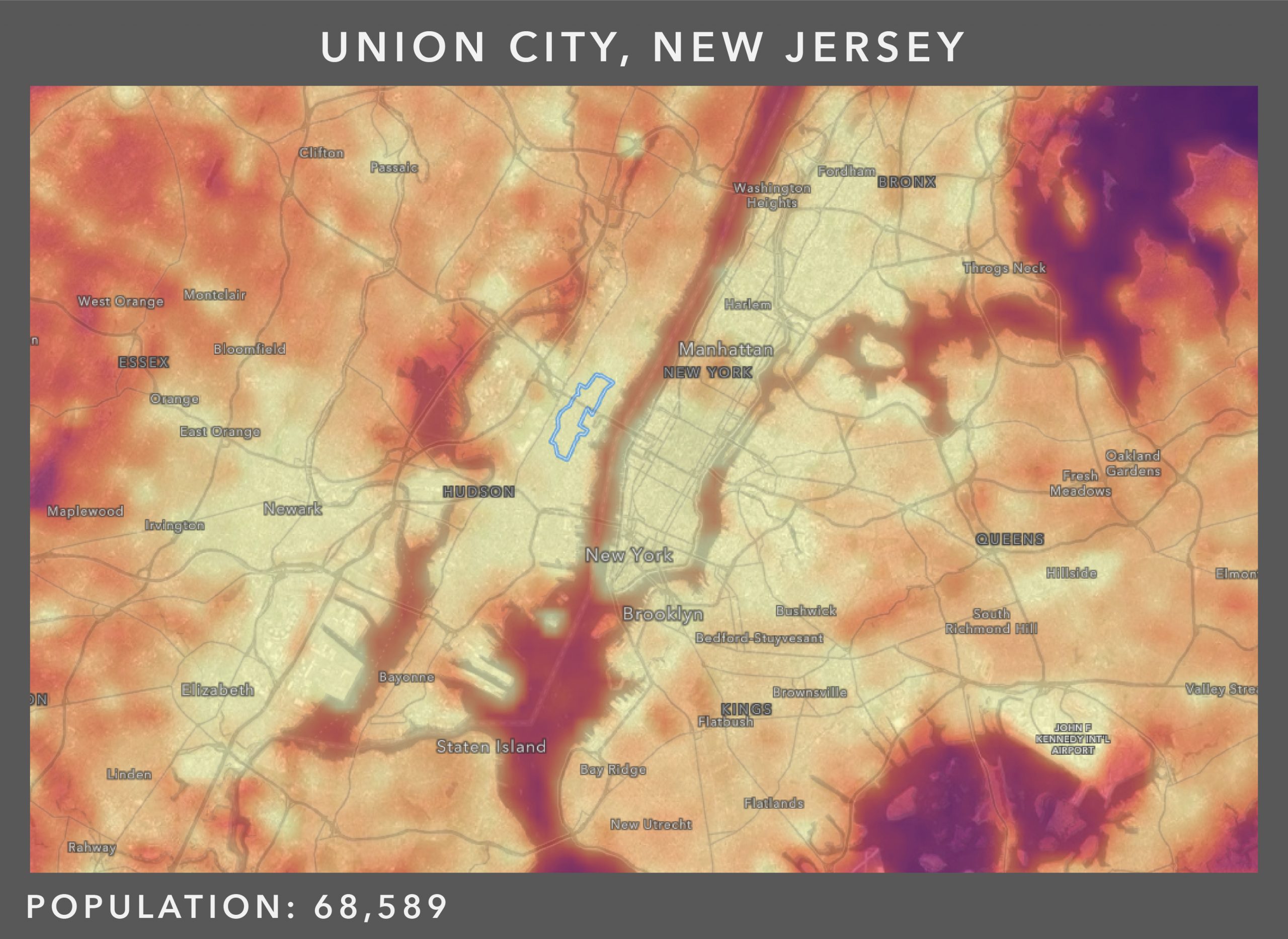 Nighttime light patterns for Union City, New Jersey