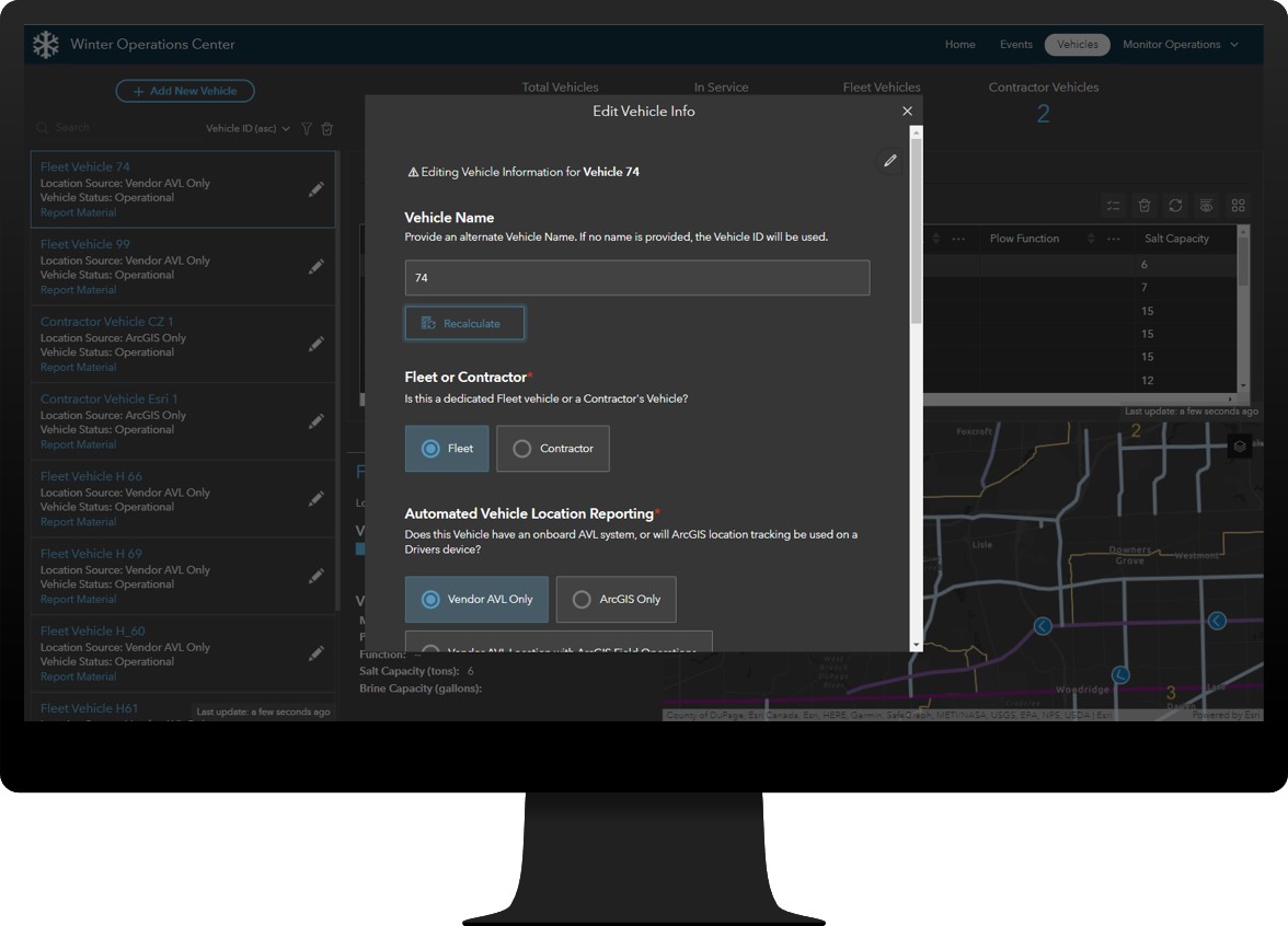 Image of Vehicle page within the Winter Operations Center app