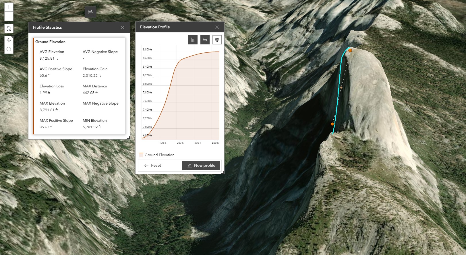 Elevation profile for Half Dome example to help build GIS web experiences using ArcGIS Experience Builder