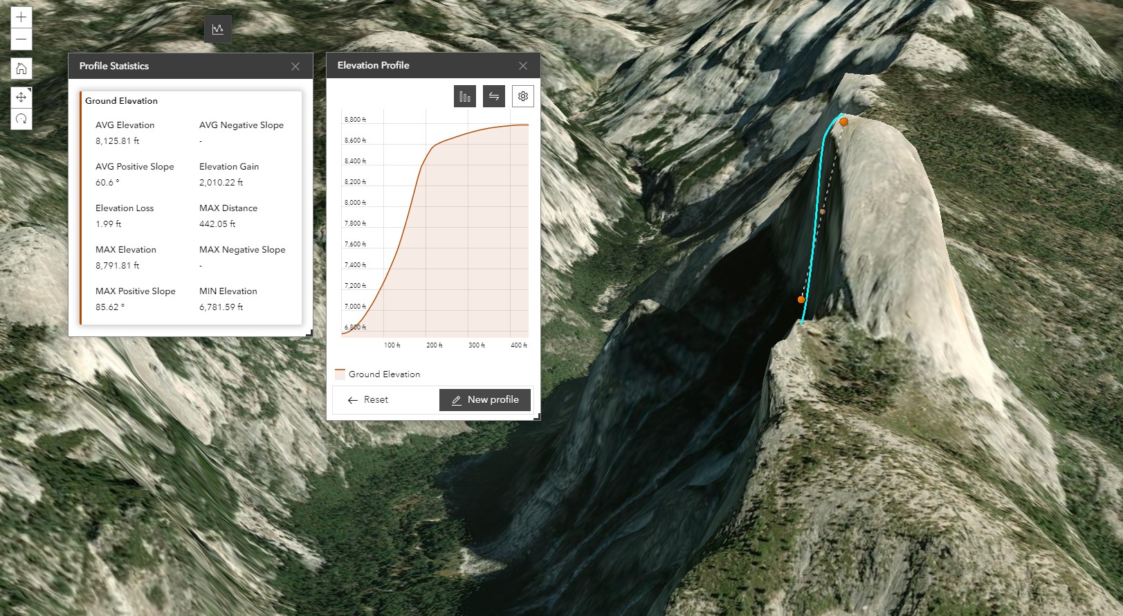 Elevation profile for Half Dome example to help build GIS web experiences using ArcGIS Experience Builder Elevation profile for Half Dome example to help build GIS web experiences using ArcGIS Experience Builder