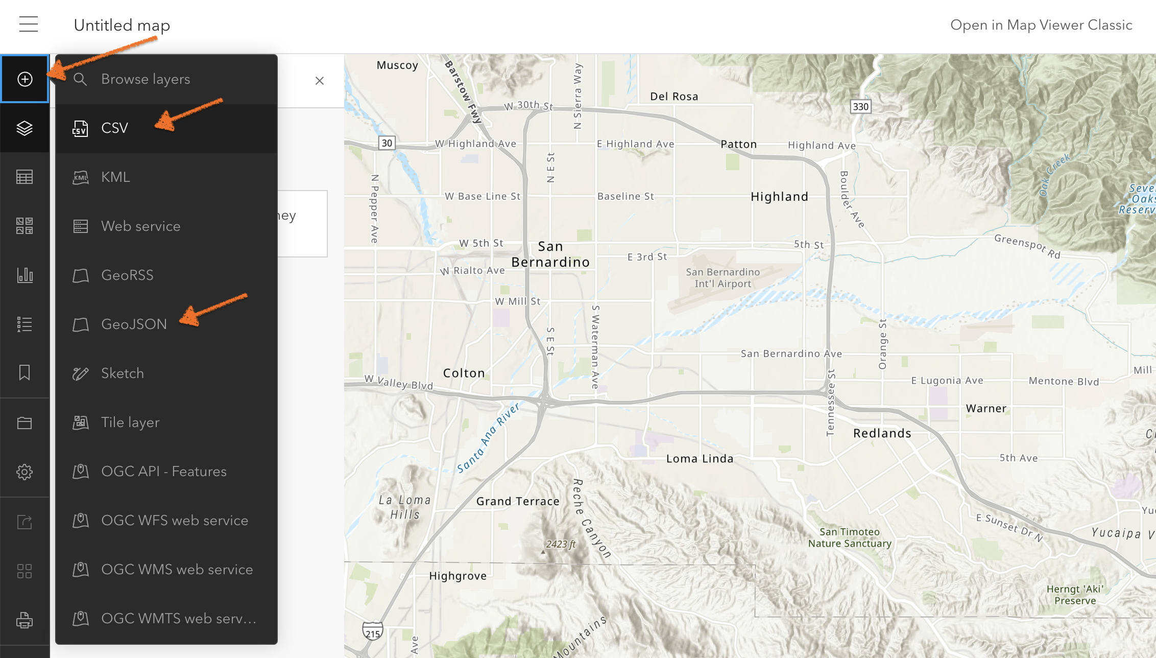 The ArcGIS Online map viewer with the Add menu expanded, showing the various layer types that may be added to the map.