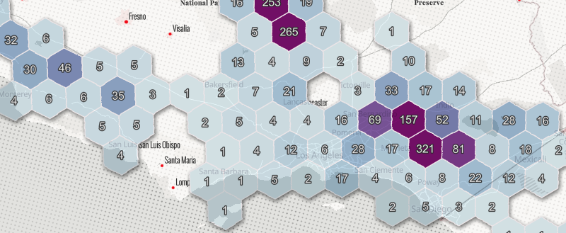 Earthquakes aggregated to hexbins. Hexbins are a great way to preprocess continuous data that doesn't respect geopolitical boundaries. Earthquakes aggregated to hexbins. Hexbins are a great way to preprocess continuous data that doesn't respect geopolitical boundaries.