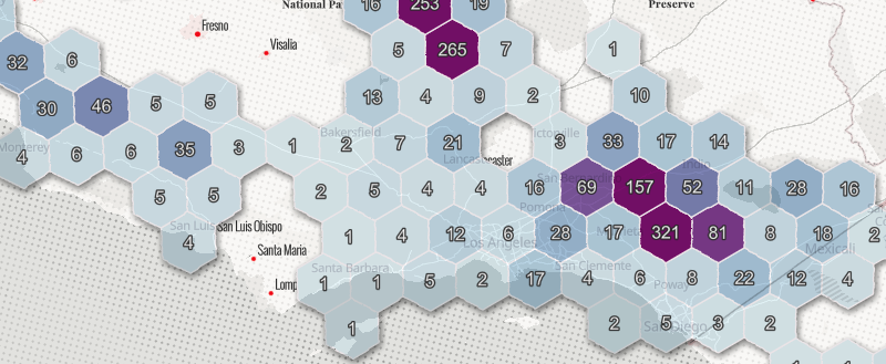 Earthquakes aggregated to hexbins. Hexbins are a great way to preprocess continuous data that doesn't respect geopolitical boundaries.