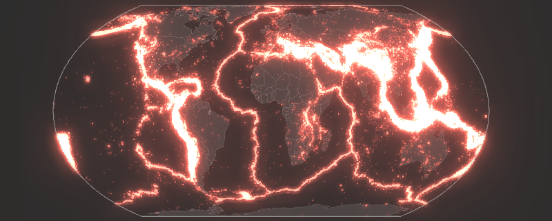 Global earthquakes. This map uses bloom to show the prevalence of earthquakes in certain areas of the world. Brighter areas indicate areas with more frequent earthquakes.