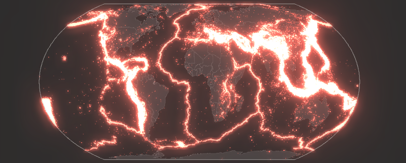 Global earthquakes. This map uses bloom to show the prevalence of earthquakes in certain areas of the world. Brighter areas indicate areas with more frequent earthquakes. Global earthquakes. This map uses bloom to show the prevalence of earthquakes in certain areas of the world. Brighter areas indicate areas with more frequent earthquakes.