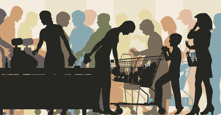 An illustration of long lines of people checking out food at a grocery store.