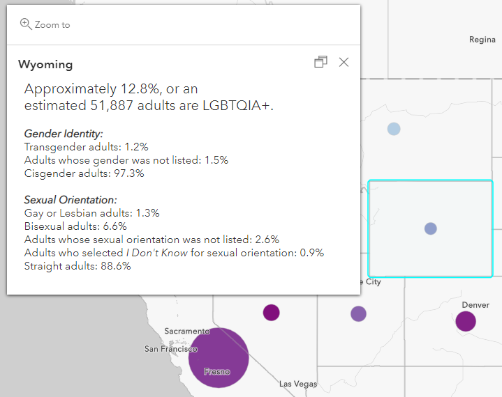 Color and size map of western states. Pop-up for WY is open and reads "Approximately 12.8% or an estimated 51,887 adults are LGBTQIA+" then presents percentages different gender identity and sexual orientation groups.
