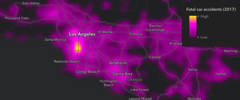 Fatal traffic accidents involving alcohol. This is a point layer rendered as a heatmap to easily see areas where more fatalities occur than others. Heatmaps make the patterns obvious in ways only displaying raw locations cannot. Fatal traffic accidents involving alcohol. This is a point layer rendered as a heatmap to easily see areas where more fatalities occur than others. Heatmaps make the patterns obvious in ways only displaying raw locations cannot.