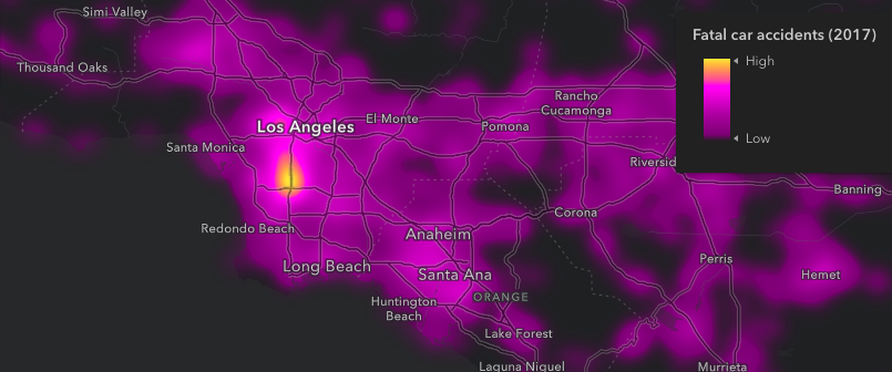 Fatal traffic accidents involving alcohol. This is a point layer rendered as a heatmap to easily see areas where more fatalities occur than others. Heatmaps make the patterns obvious in ways only displaying raw locations cannot.