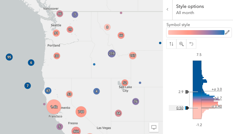 Smart mapping calculates summary statistics and histograms to help you understand your data better. The speed of these calculations significantly improved for Arcade-based styles in the latest update of ArcGIS Online.