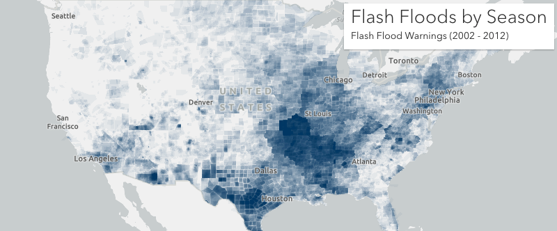 Flash flood warning density in the United States. Using opacity to visualize density has a similar effect as heatmap. You can use this technique for any 2D geometry type.