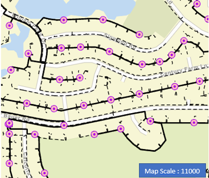 Map scale is 11000, Service point and Transformer elements are configured to not render at this scale.