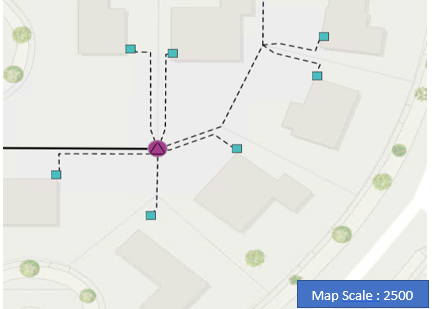 Map scale is 2500. Service point and Transformer elements displaying using scale-based symbols. In the image, features are drawn using primary symbols. Service point is rendered as green squares and transformer is rendered as purple circle around a triangle.