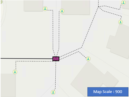 As the map scale progressed to 900, Service point and Transformer symbols switch to their configured alternate symbols. In this image features are using the alternate symbols. Service point is rendered as green person and transformer is rendered as black outlined purple rectangle with a triangle inside it.