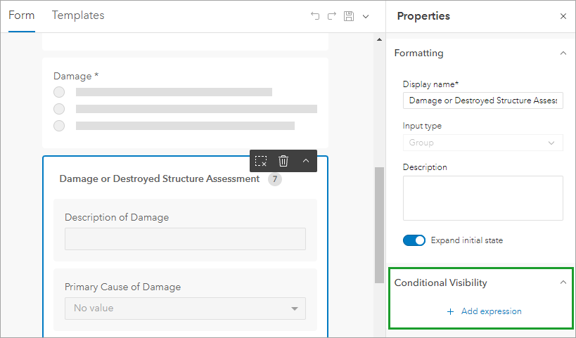 Add a conditional visibility expression from the Properties pane.