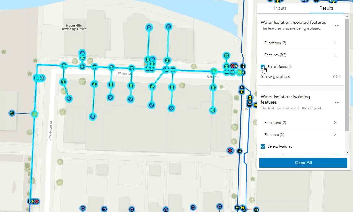 Select the results on the map and view the list of features Select the results on the map and view the list of features