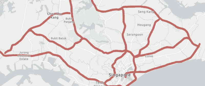 Roads and highways in Singapore. Major features such as highways and freeways should be displayed at small scales. Smaller, more detailed features should only display at large scales.