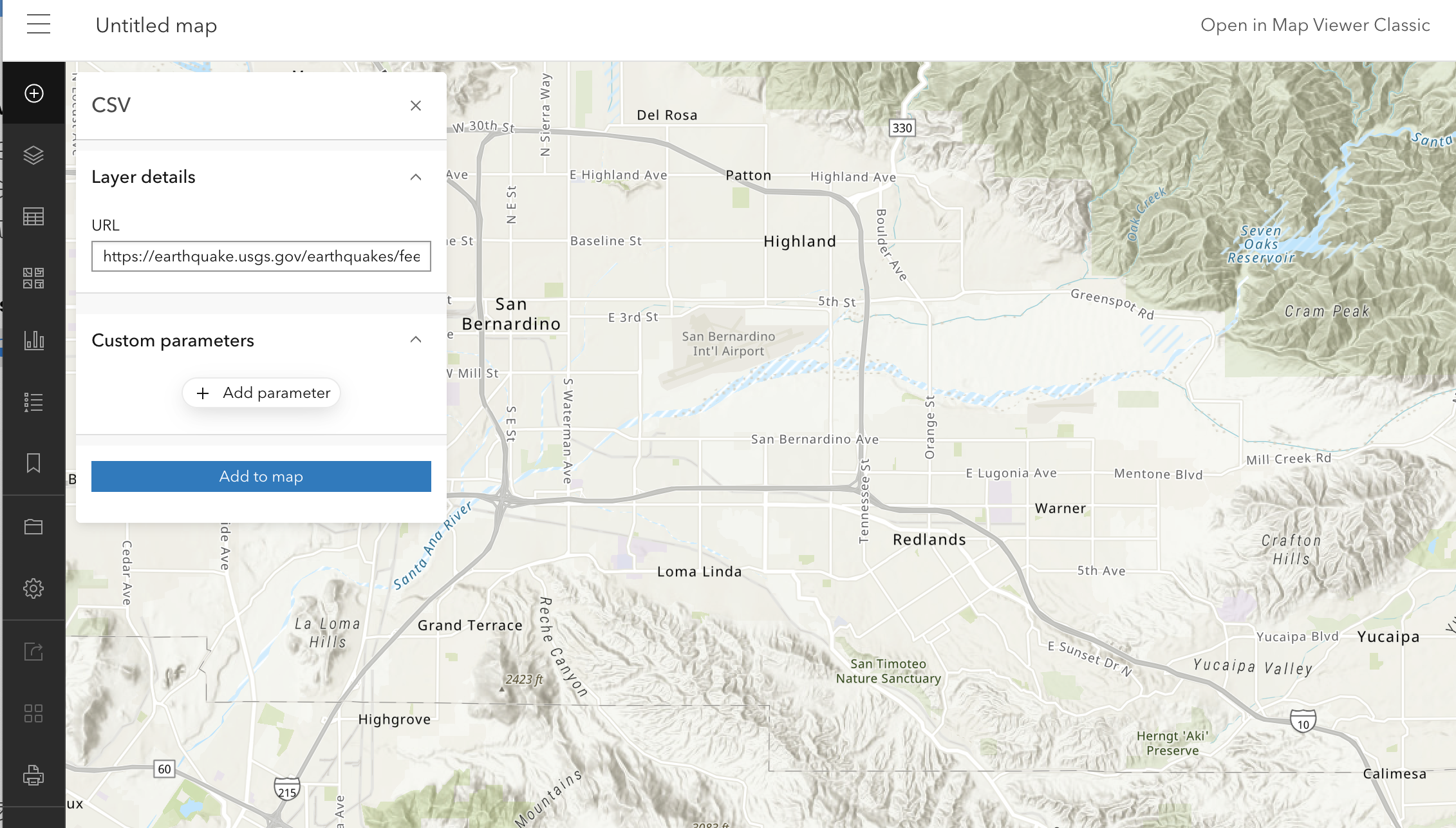 The ArcGIS Online map viewer showing the menu for pasting a url to a CSVLayer to add to the web map.