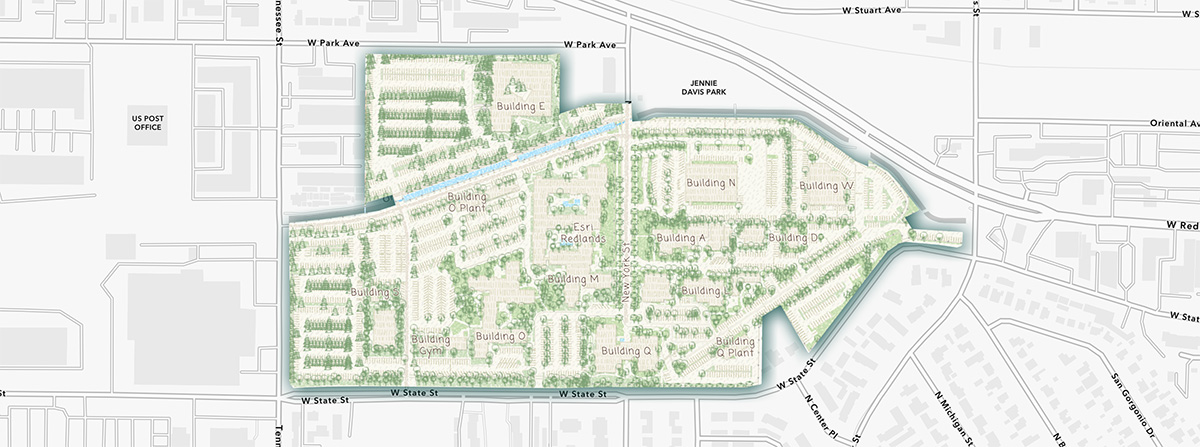 The Esri Campus polygon with the 'Colored Pencil' basemap
